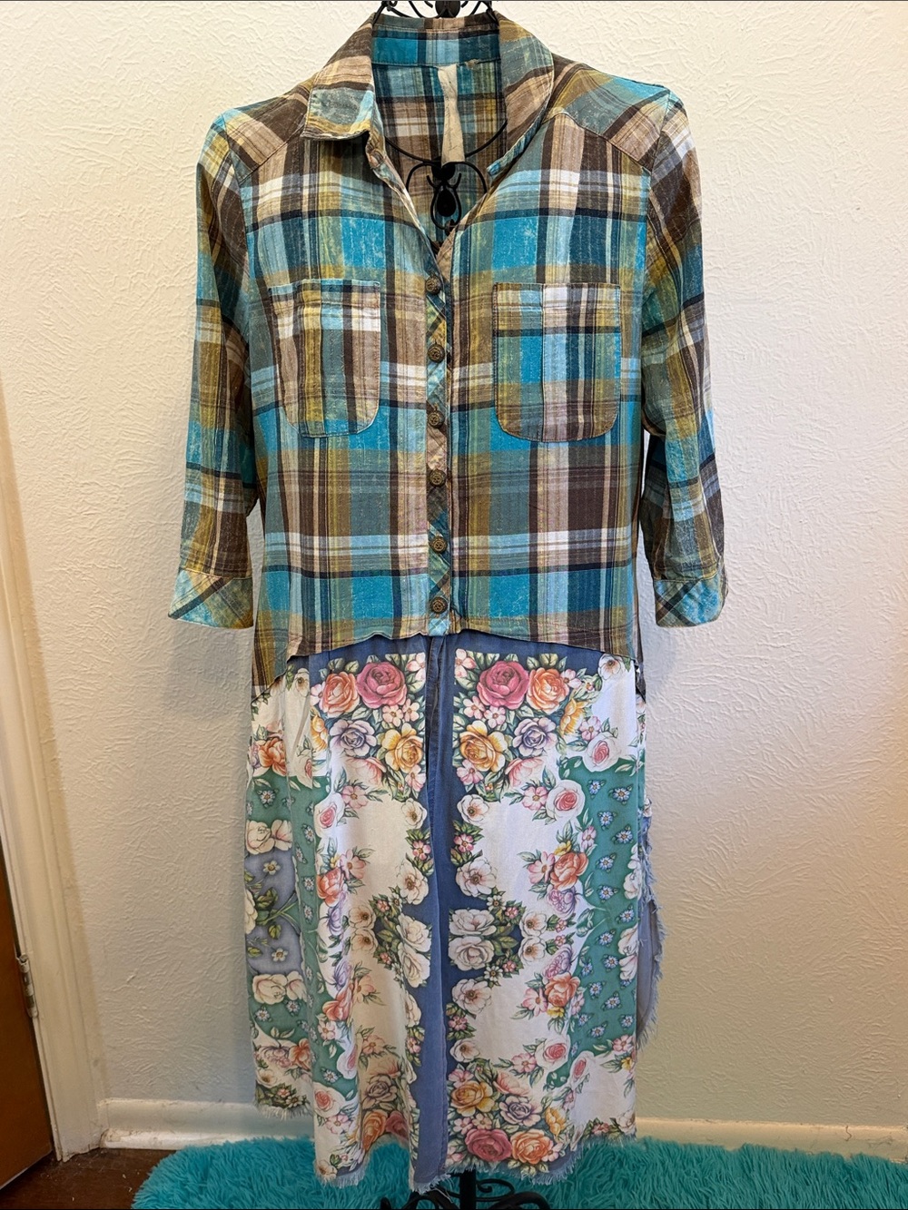 🍓🍓🍓BOGOHO🍓🍓🍓Aratta Maxi Duster Long Floral/Plaid Shirt Dress-XL